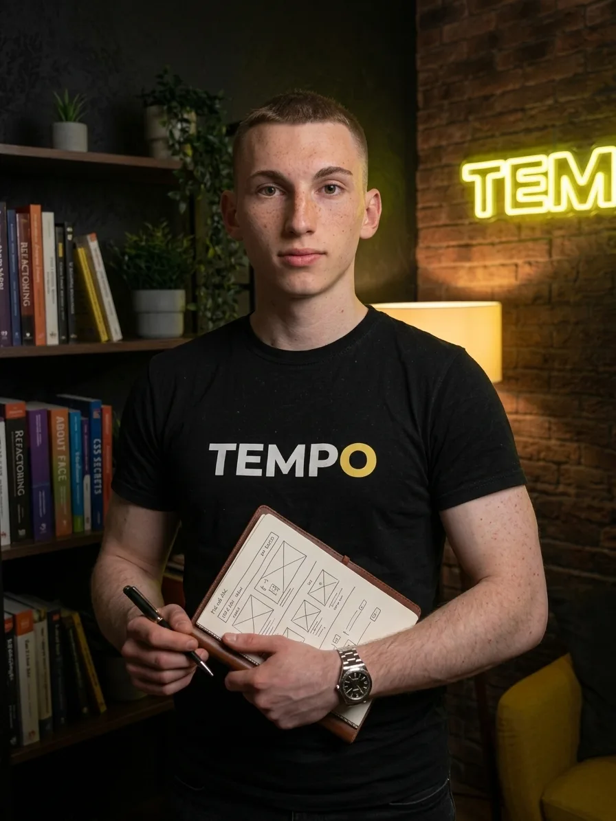 Władysław ze szkicem układu strony, pod neonem TEMPO